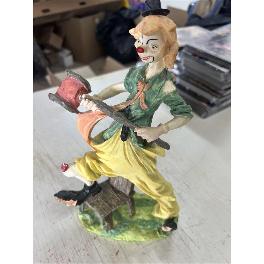 Vintage Clown Figurine Mallet Statue Taiwan Resin Wood Base Large